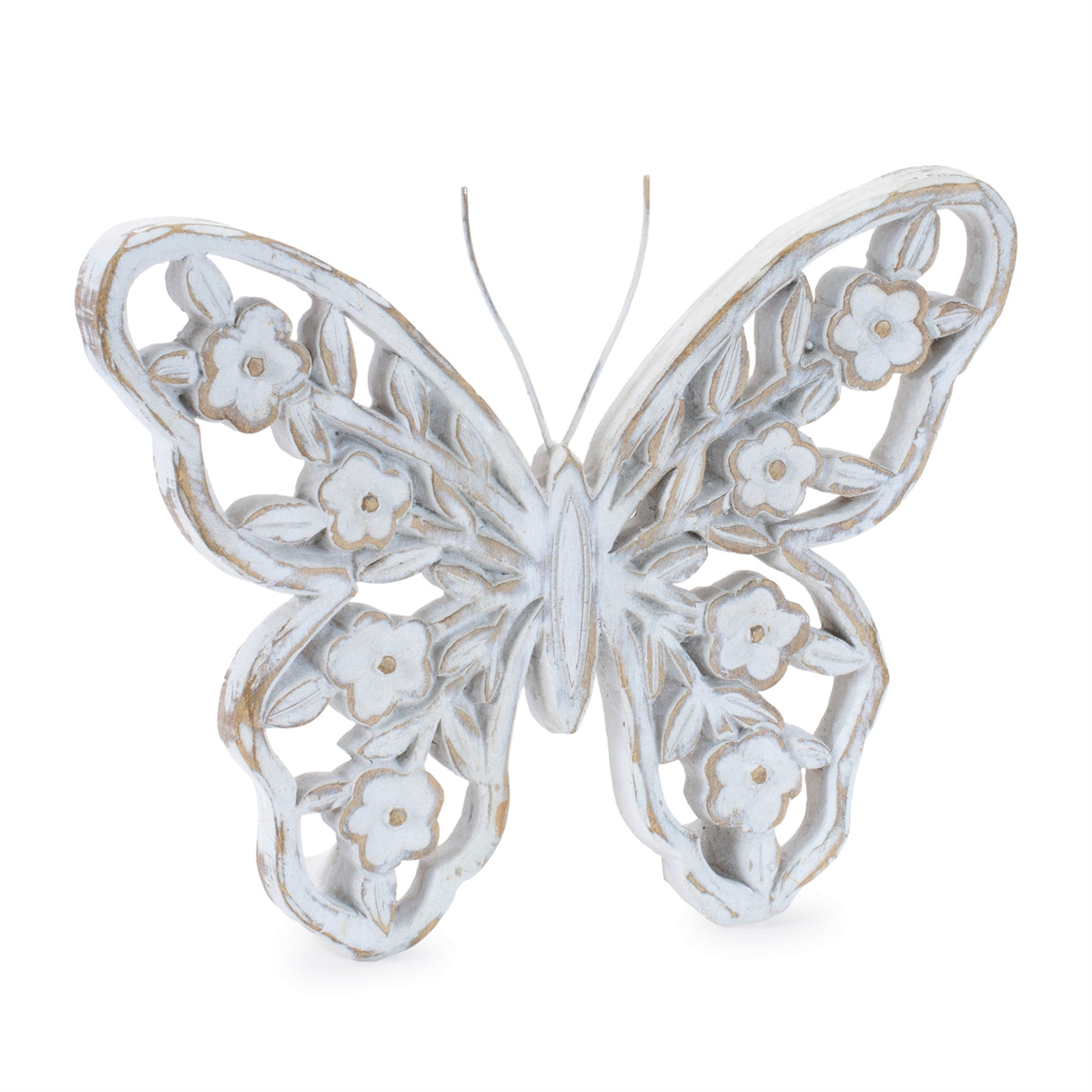 White washed floral butterfly décor (set of 2)
