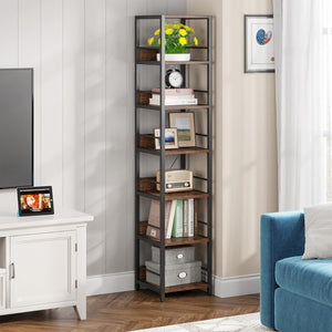 Tall 6 Tier Corner Shelf, Narrow Bookshelf Storage Rack, Rustic Brown