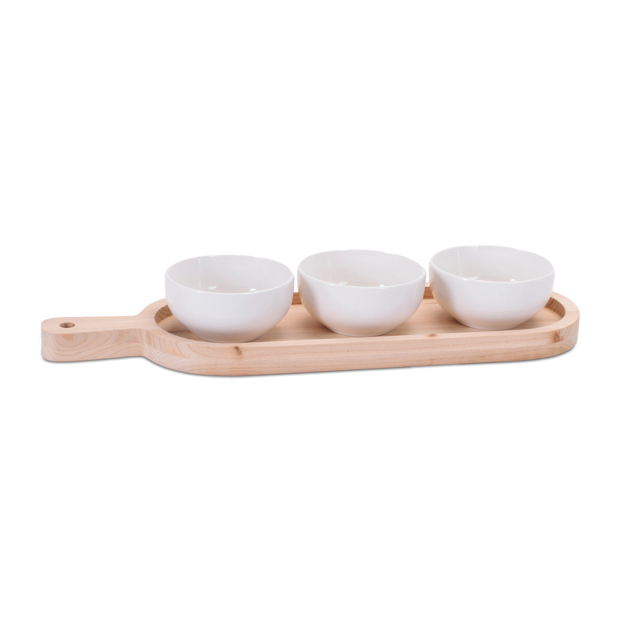 Ceramic dip bowl set with wood tray 17"l