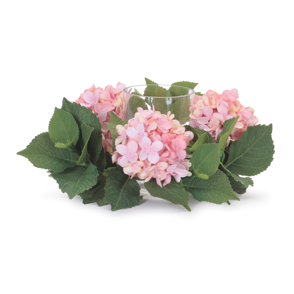 Hydrangea floral candle ring with glass hurricane (set of 2)