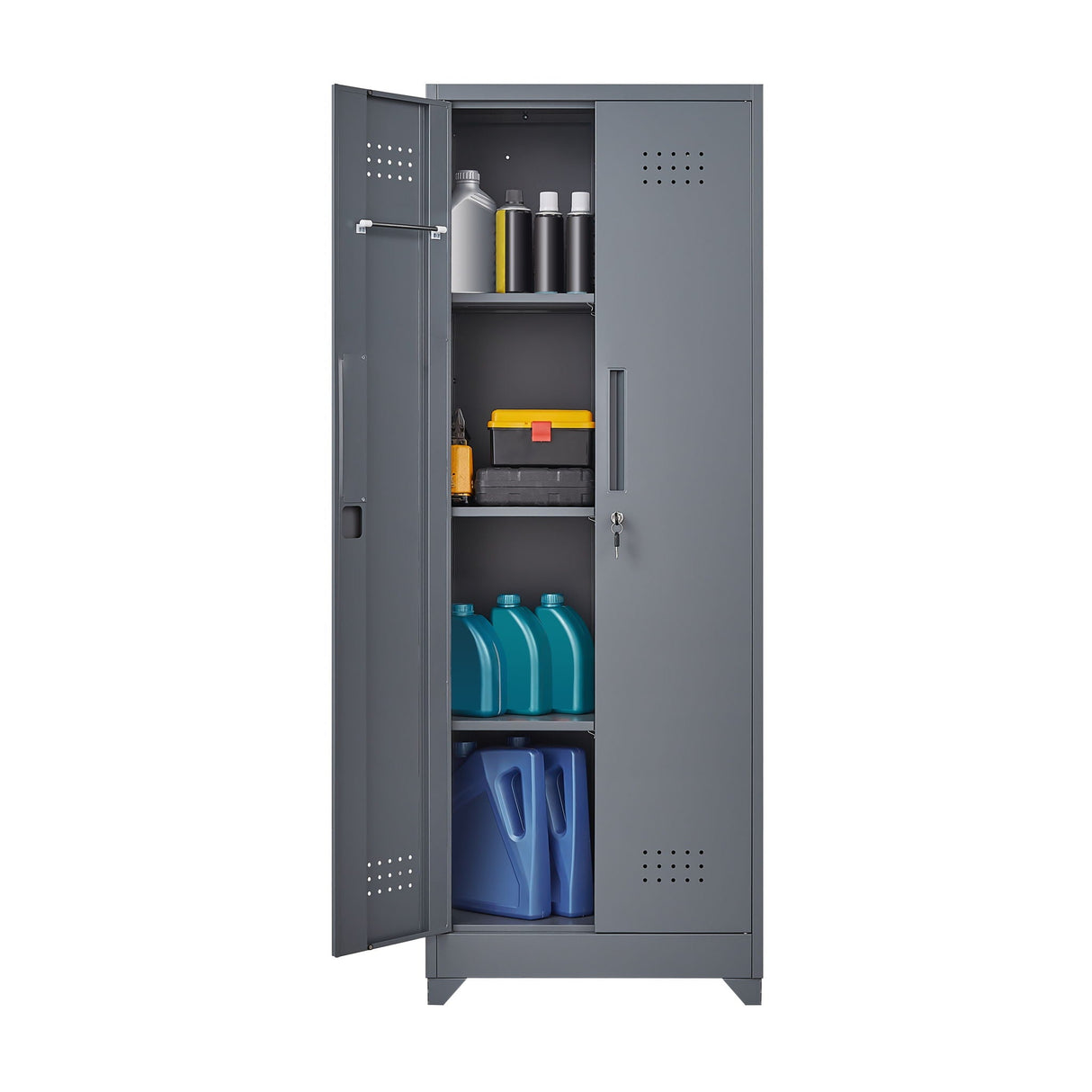 Heavy Duty Storage Cabinet With Locking Doors, Hanging Rod & Shelves, Broom Closet - Gray