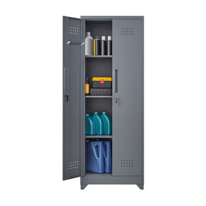 Heavy Duty Storage Cabinet With Locking Doors, Hanging Rod & Shelves, Broom Closet - Gray