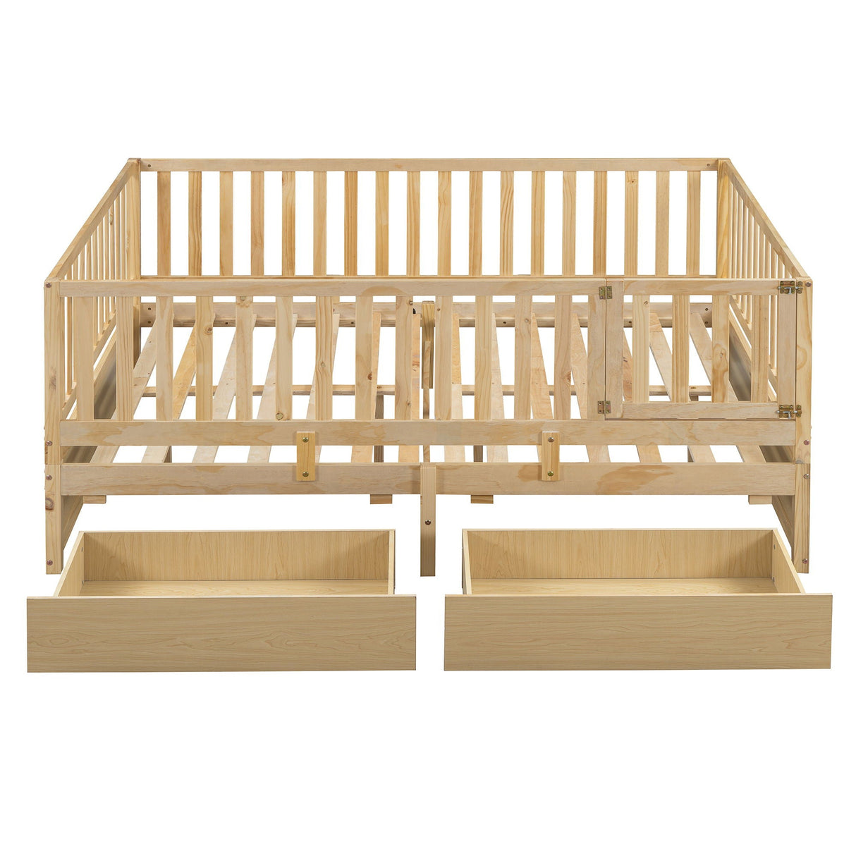 Daybed With Fence Guardrails And 2 Drawers, Split Into Independent Floor Bed & Daybed