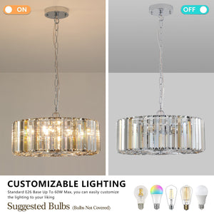17' Chrome Crystal Pendant Chandelier, Modern Hanging Light Fixture with Adjustable Height, 4-Light E26 Base for Living Room, Dining Room, or Kitchen (No Bulbs)