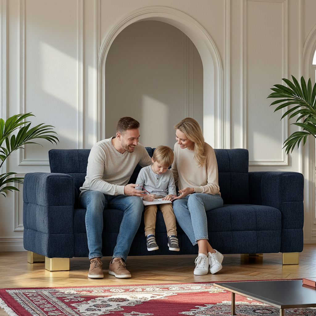 Retro Blue Chenille Upholstered Couch, Wide-Arm 3-Seater with Custom Stainless-Steel Legs & Tufted Seat