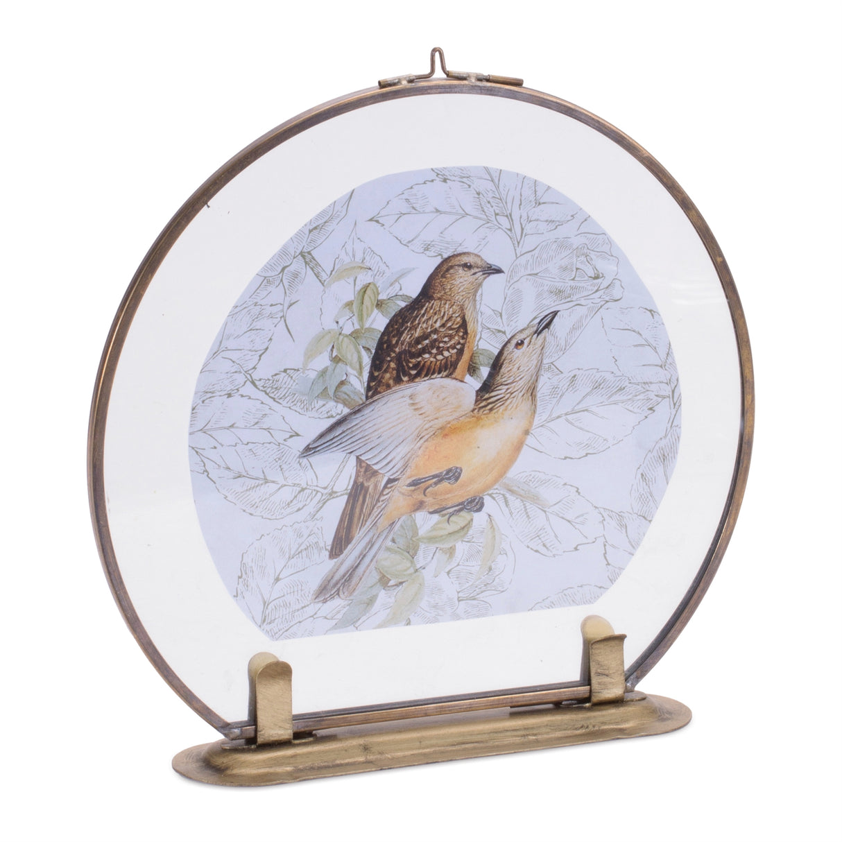 Round copper framed bird artwork 7.5"l