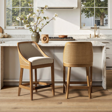 Charleston-27'-Cane-Performance-Fabric-Upholstered-Oak-Counter-Stool,-Taupe-Beige-Textured-Weave-Counter-Stools