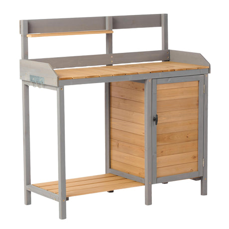 Outdoor potting bench, wooden workstation table with cabinet for backyard garden supplies