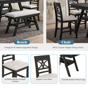 6 Piece Counter Height Dining Table Set with Storage Shelf - Espresso Wood