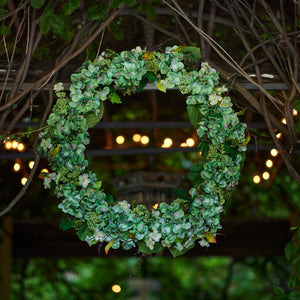 Hydrangea and Seedum Floral Wreath 32"D; Green