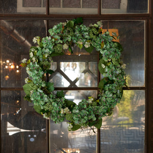 Hydrangea and Seedum Floral Wreath 32"D; Green