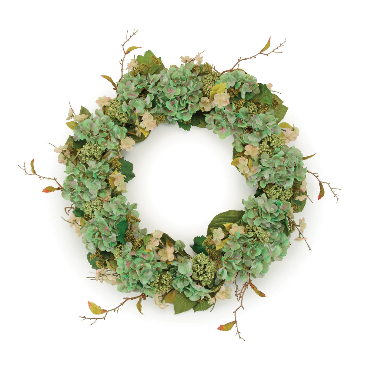Hydrangea and Seedum Floral Wreath 32"D; Green