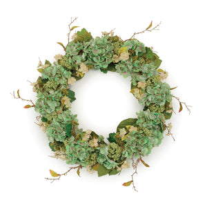 Hydrangea and Seedum Floral Wreath 32"D; Green