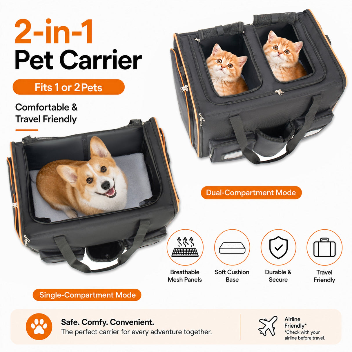 2 in 1 Large Cat Carrier for 2 Cats with Rolling Wheels and Expandable Design