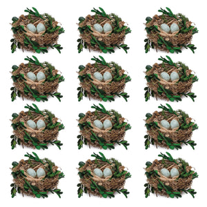 Twig Bird Nest with Eggs and Boxwood Foliage (Set of 12)