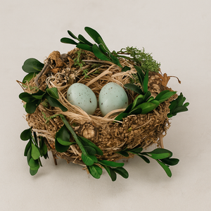 Twig Bird Nest with Eggs and Boxwood Foliage (Set of 12)