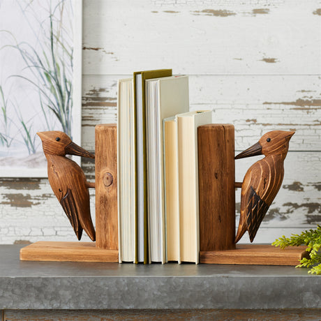 Pine wood woodpecker bird bookend (set of 2)