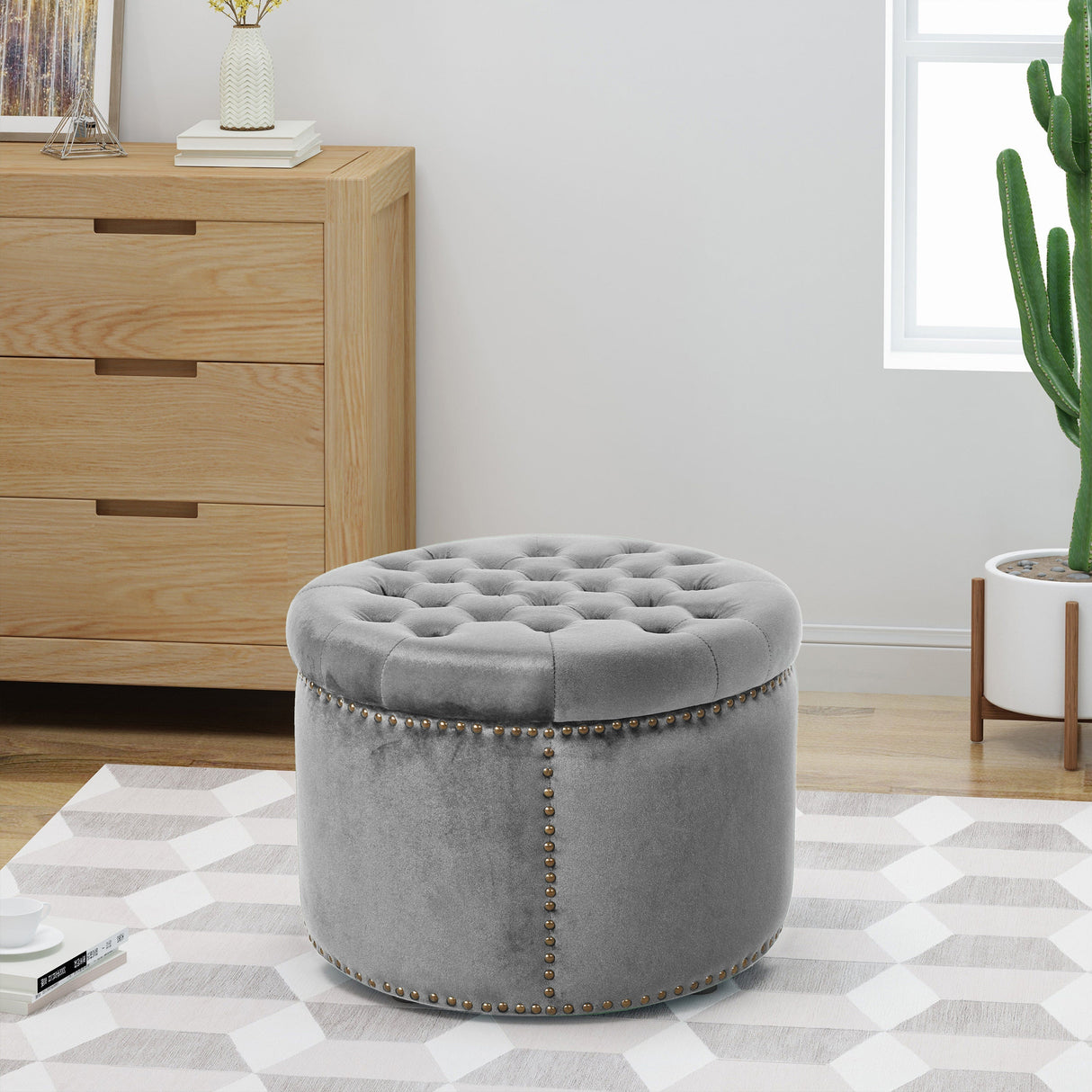 Elegant Round Ottoman Footstool with Grey Velvet Upholstery and Studded Rim