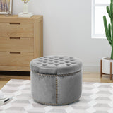 Elegant Round Ottoman Footstool with Grey Velvet Upholstery and Studded Rim