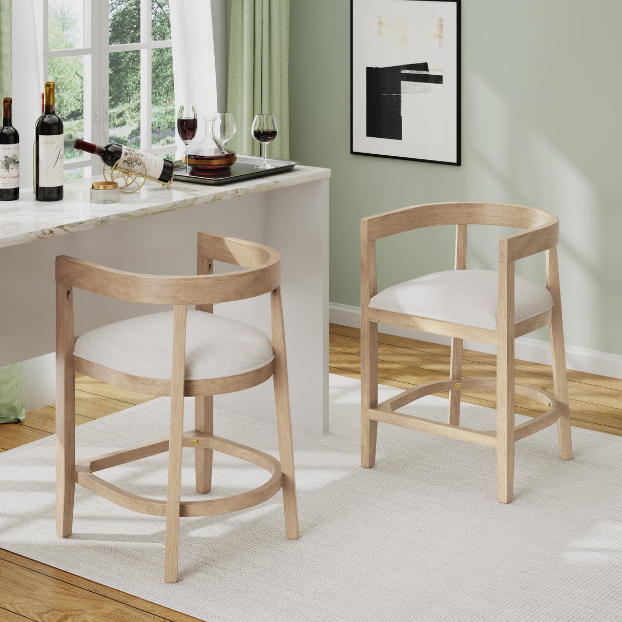 Modern Rubberwood Counter Stool Set of 2 with Upholstered Seats