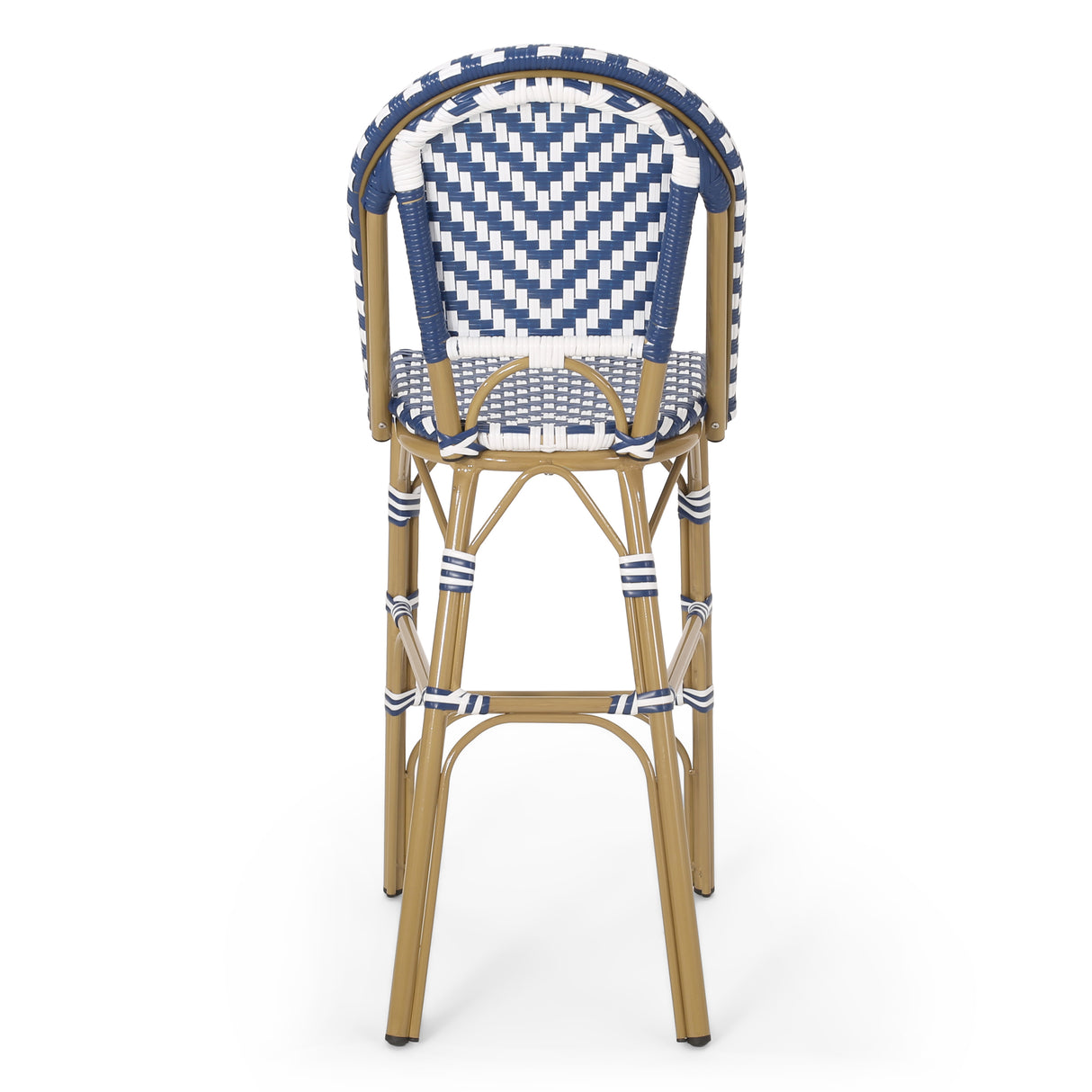 29.5" outdoor pe rattan french barstool, navy blue and white, aluminum frame with bamboo finish (set of 2)