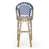 29.5" outdoor pe rattan french barstool, navy blue and white, aluminum frame with bamboo finish (set of 2)