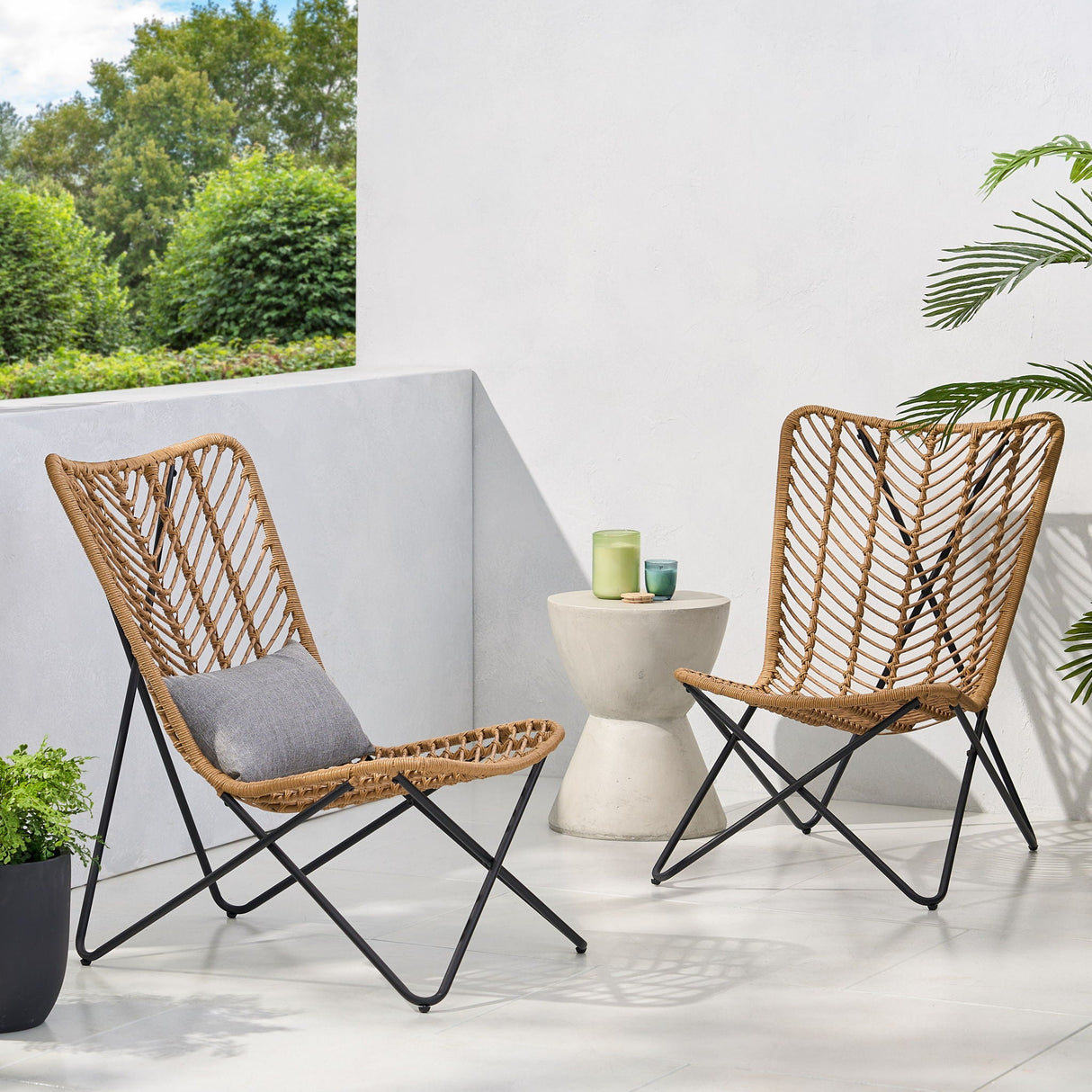 Wicker Chair With Geometric Cross Base, (Set of 2) - Light Brown