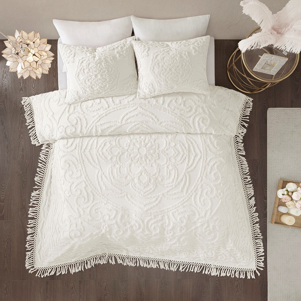 Tufted Cotton Chenille Medallion Fringe Coverlet Mini Set - Off-White Full/Queen