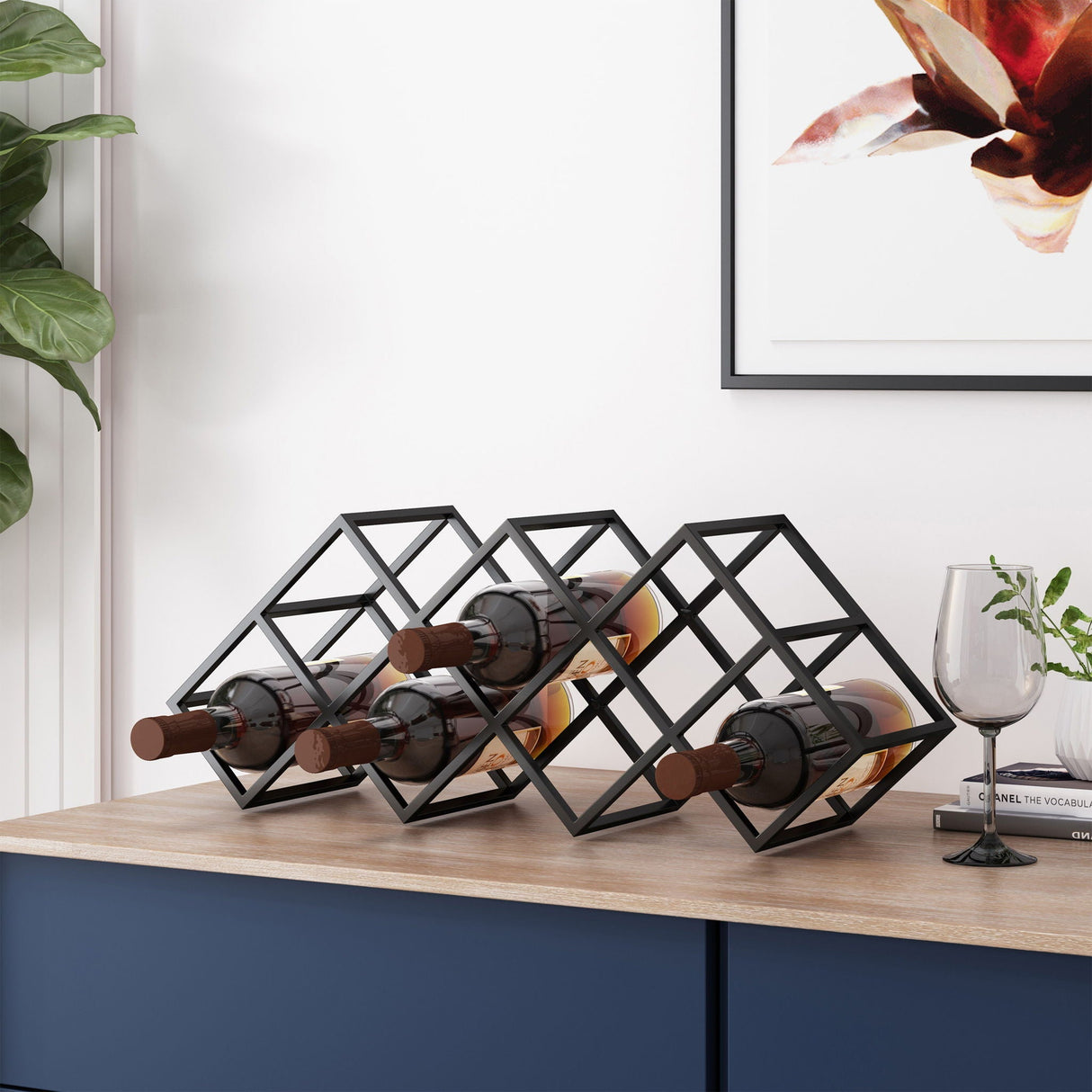 Modern Industrial Tabletop Wine Rack with 7 Bottle Holders - Black