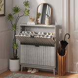 Shoe Cabinet With 2 Flip Drawers, Fluted Shoe Storage Cabinet For Entryway, Free Standing Shoe Storage Organizer With Wave Doors For Heels, Boots, Slippers In Hallway, Living Room - Gray