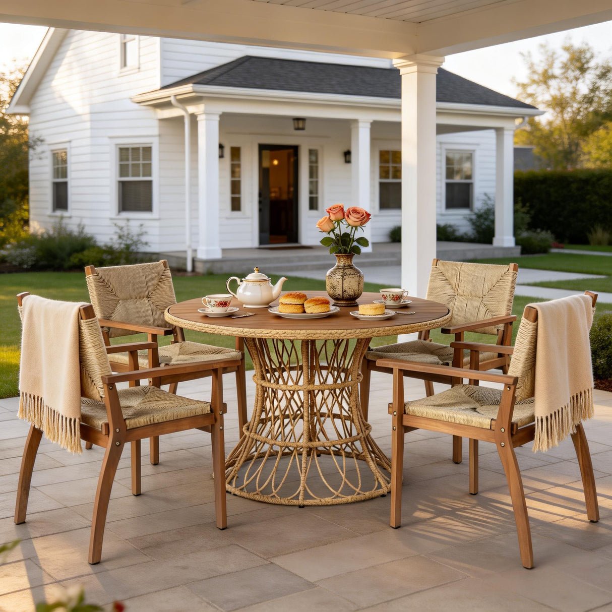 5-Piece Outdoor Dining Set: Teak Finish Round Acacia Wood Table & 4 Teak Finish Wicker Armchairs