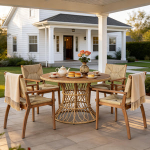 5-Piece Outdoor Dining Set: Teak Finish Round Acacia Wood Table & 4 Teak Finish Wicker Armchairs