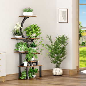 8 Tier Indoor Plant Stand With 5 Grow Lights - Rustic Brown