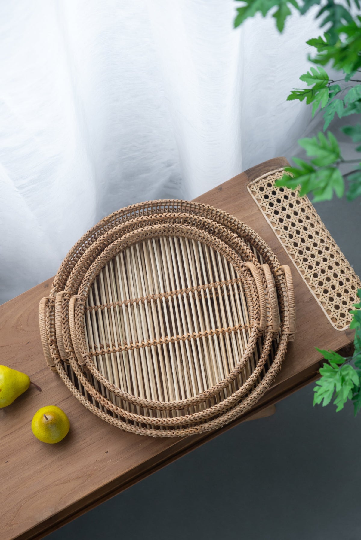 Set of 3 Round Decorative Brown Bamboo Woven Trays with Handles