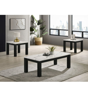 Modern 3 Piece Living Room Table Set With Faux Marble Top Wooden - Black / White
