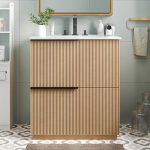 Fluted Bathroom Vanity With Ceramic Sink, Soft Close Slides