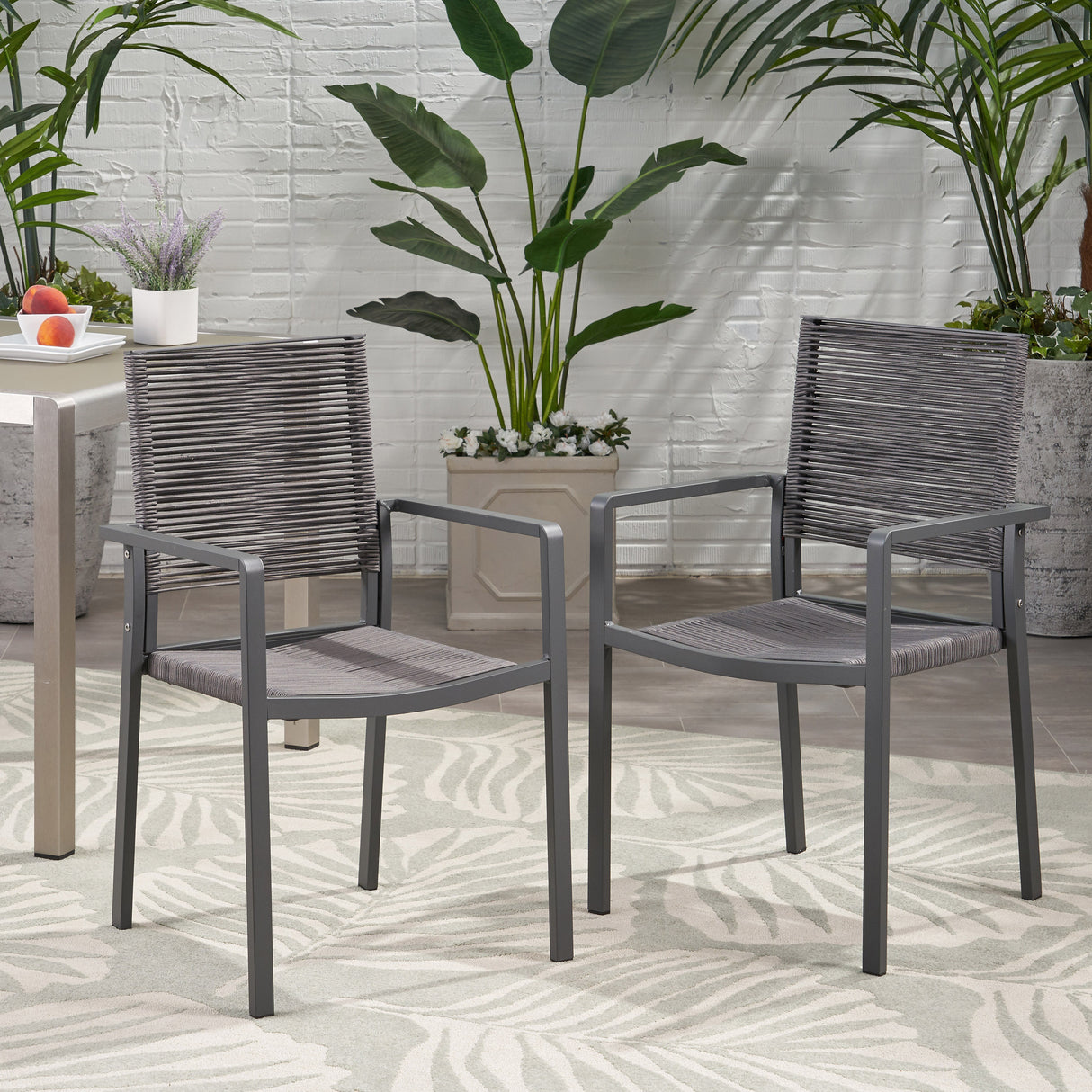 Outdoor modern aluminum dining chair with rope seat (set of 2), gray and dark gray