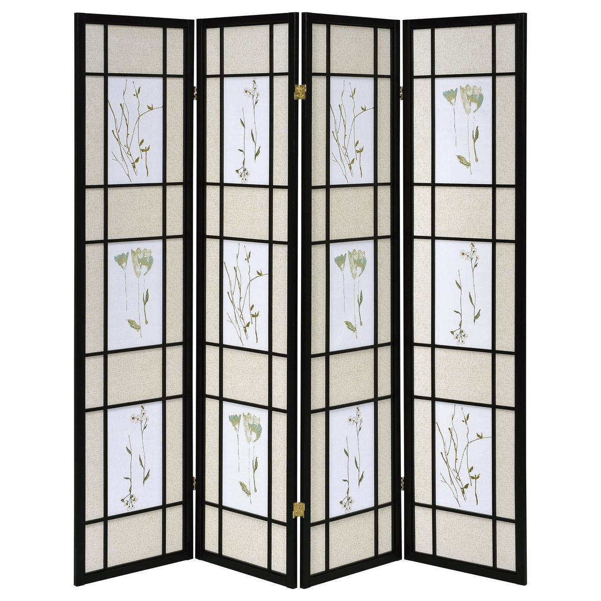4 Panel Folding Screen With Floral Motif - Black