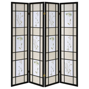 4 Panel Folding Screen With Floral Motif - Black