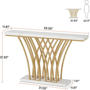 Console Table With Grid Base For Living Hallway - White / Gold