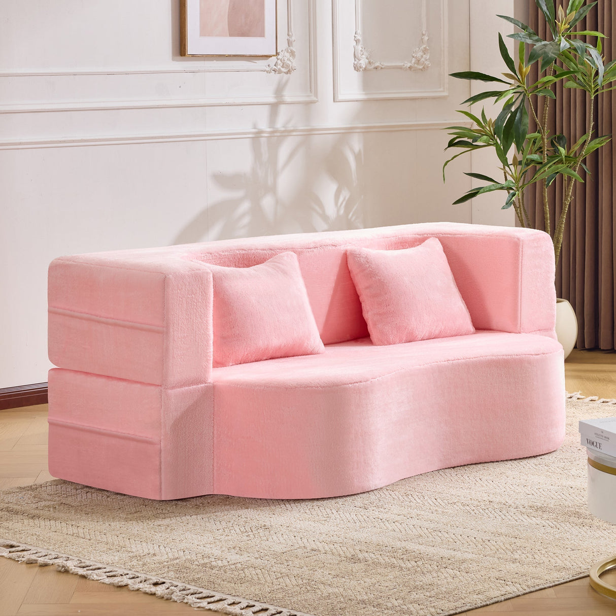 71-Inch Folding Sofa Bed in Pink Chenille with High-Density Foam