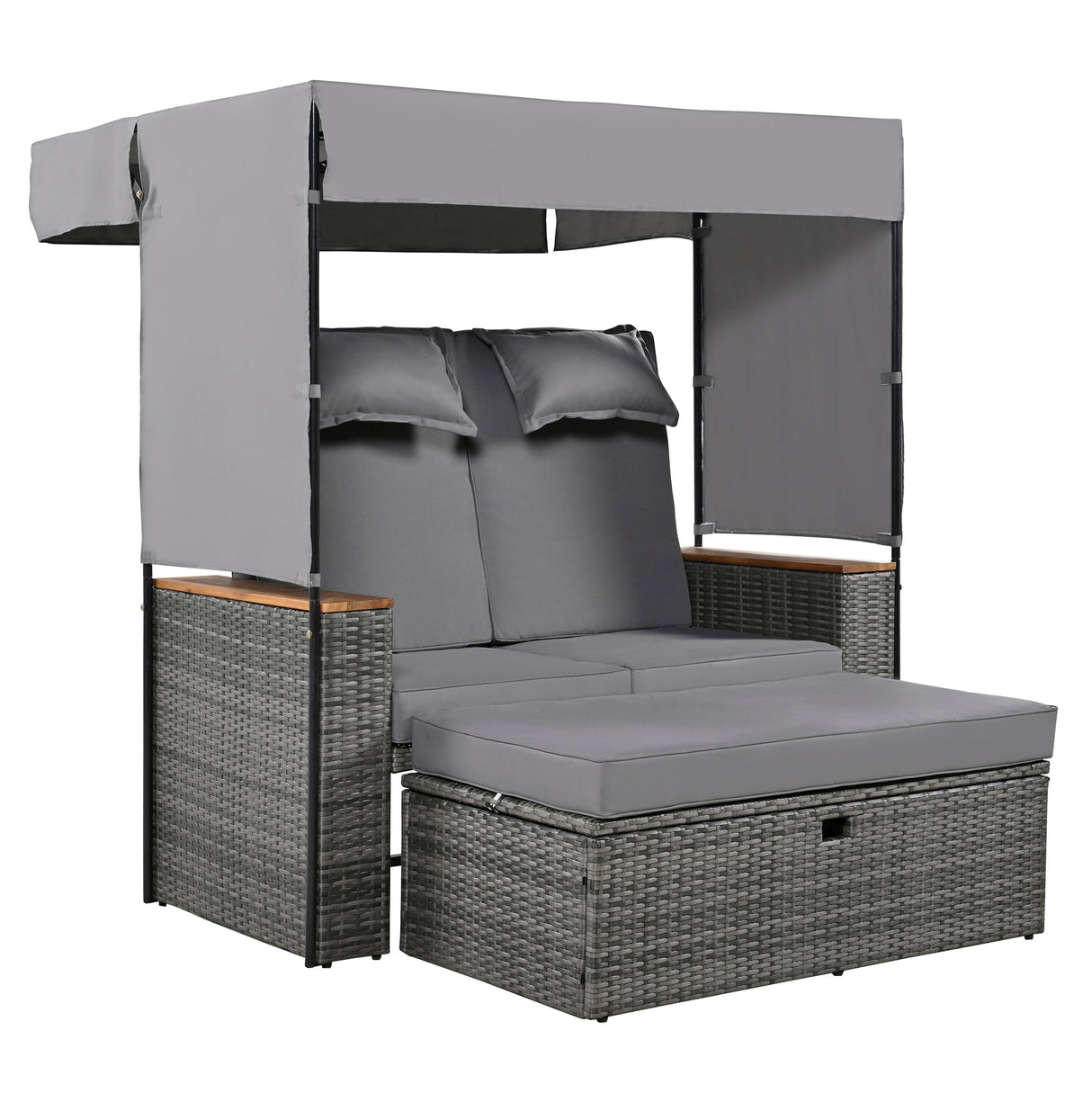 Bethany Two-Person Outdoor Rattan Daybed with Adjustable Canopy and Hidden Storage