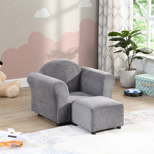 Kids Gray Velvet Upholstered Chair with Ottoman