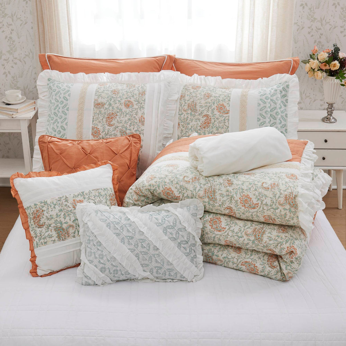 9 Piece Cotton Percale Comforter Set - Coral - King Size