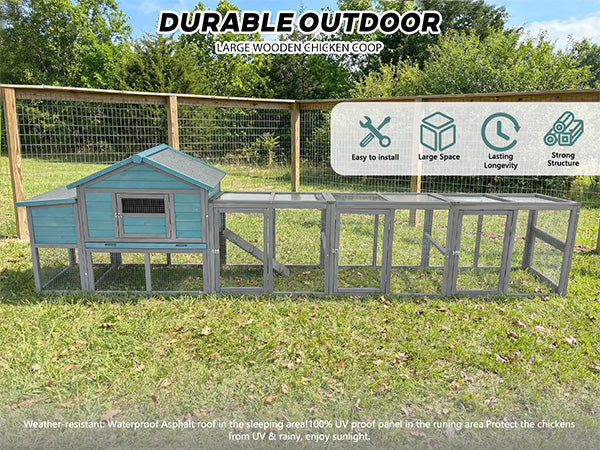 141" Large Wooden Chicken Coop with Nesting Box and Wire Fence - Blue-Gray