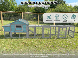 141" Large Wooden Chicken Coop with Nesting Box and Wire Fence - Blue-Gray