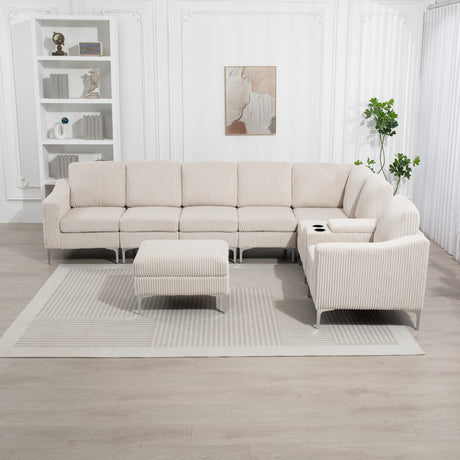 Convertible-Sectional-Corduroy--Sofa-with-Storage-Ottoman,-Beige-Sofas-&-Sectionals