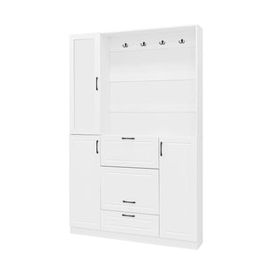 Entryway Bench With Integrated Shoe Cabinet, 3 In 1 Design And Mirrored Cabinet Door, Hall Tree With 4 Sturdy Hooks And Foldable Seat For Entrance, Living Room - White