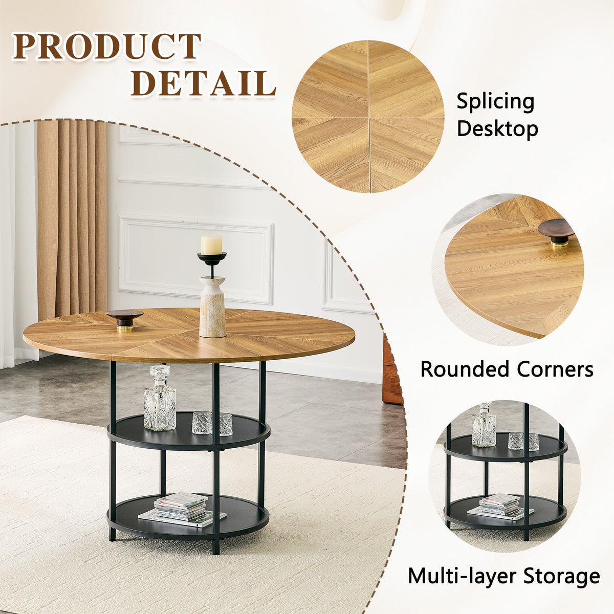 47.3-Inch Diameter Modern Circular Dining Table with Double-Layer Storage - Black, Wood