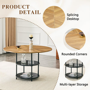 47.3-Inch Diameter Modern Circular Dining Table with Double-Layer Storage - Black, Wood